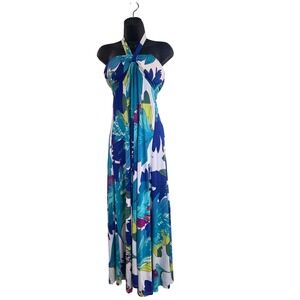 India Boutique Blue Tropical Floral Halter Maxi Dress Medium Boho Summer